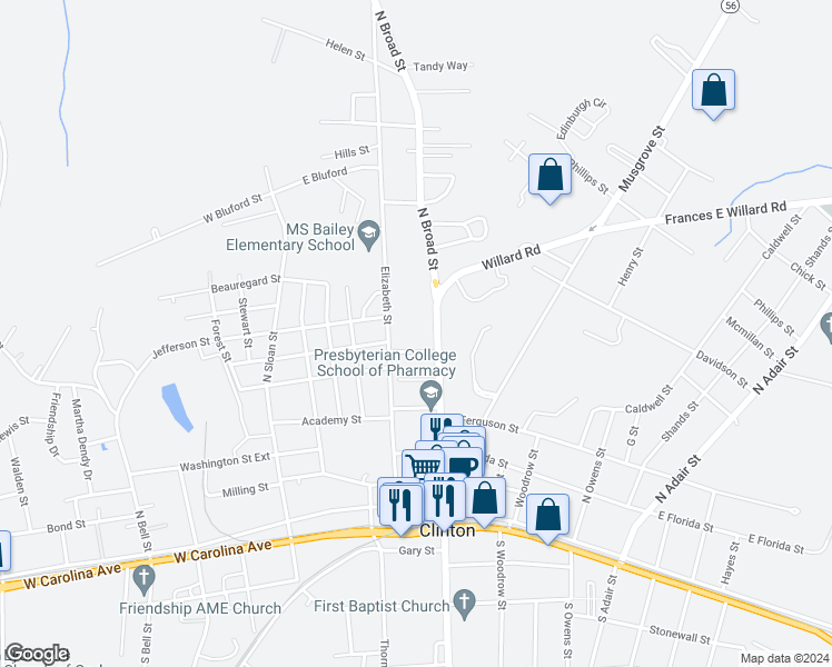 map of restaurants, bars, coffee shops, grocery stores, and more near 505 North Broad Street in Clinton