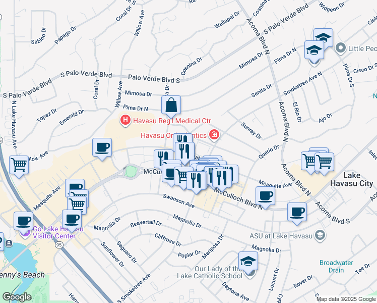 map of restaurants, bars, coffee shops, grocery stores, and more near 1957 Mesquite Avenue in Lake Havasu City