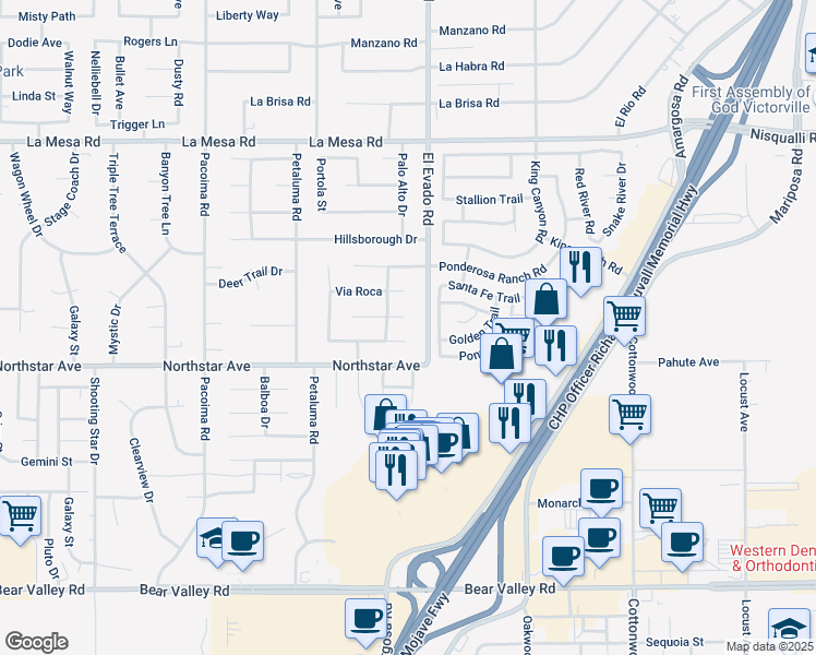 map of restaurants, bars, coffee shops, grocery stores, and more near 14447 Via Puente in Victorville