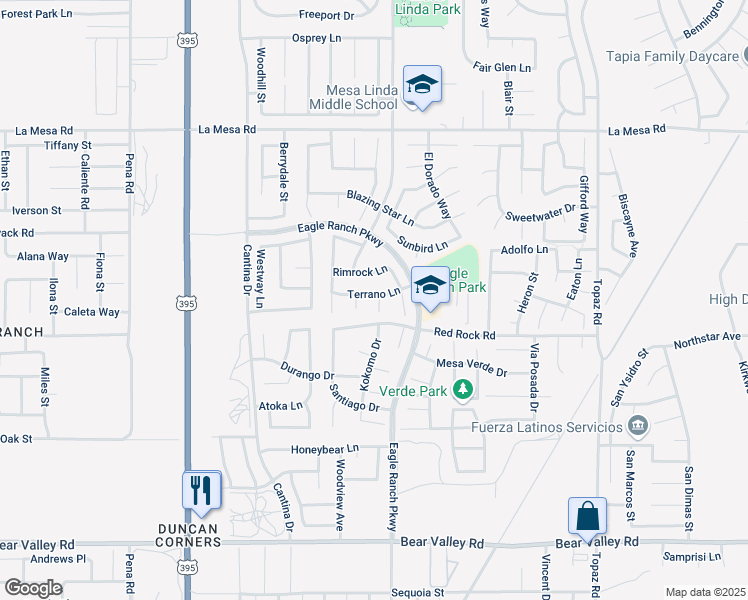 map of restaurants, bars, coffee shops, grocery stores, and more near 12560 Bermuda Court in Victorville
