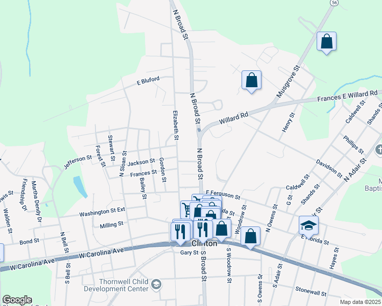 map of restaurants, bars, coffee shops, grocery stores, and more near 505 North Broad Street in Clinton