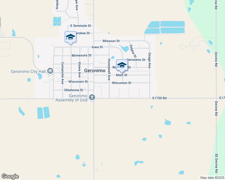 map of restaurants, bars, coffee shops, grocery stores, and more near 605 Honeywell Avenue in Geronimo