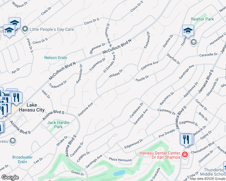 map of restaurants, bars, coffee shops, grocery stores, and more near 155 Impala Lane in Lake Havasu City