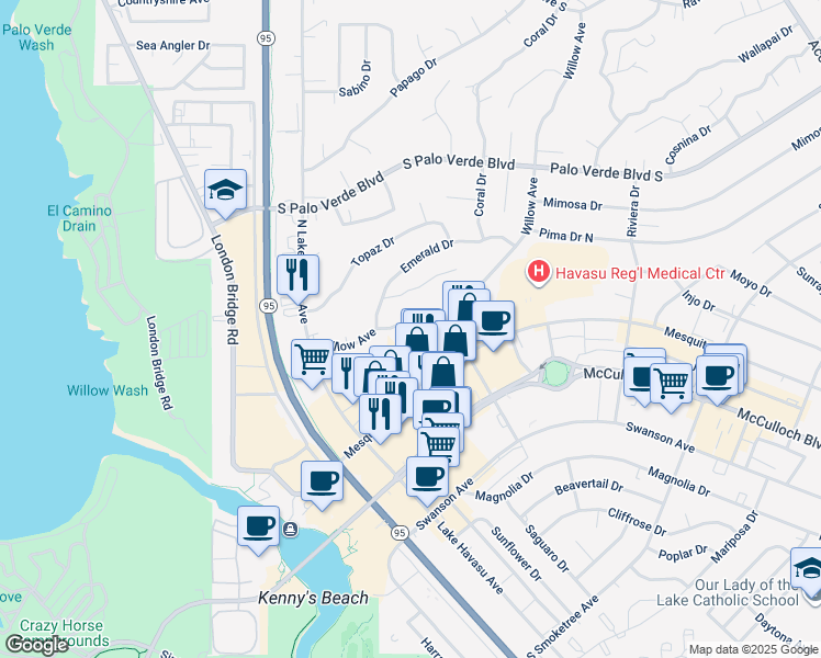 map of restaurants, bars, coffee shops, grocery stores, and more near 1676 Willow Ave in Lake Havasu City