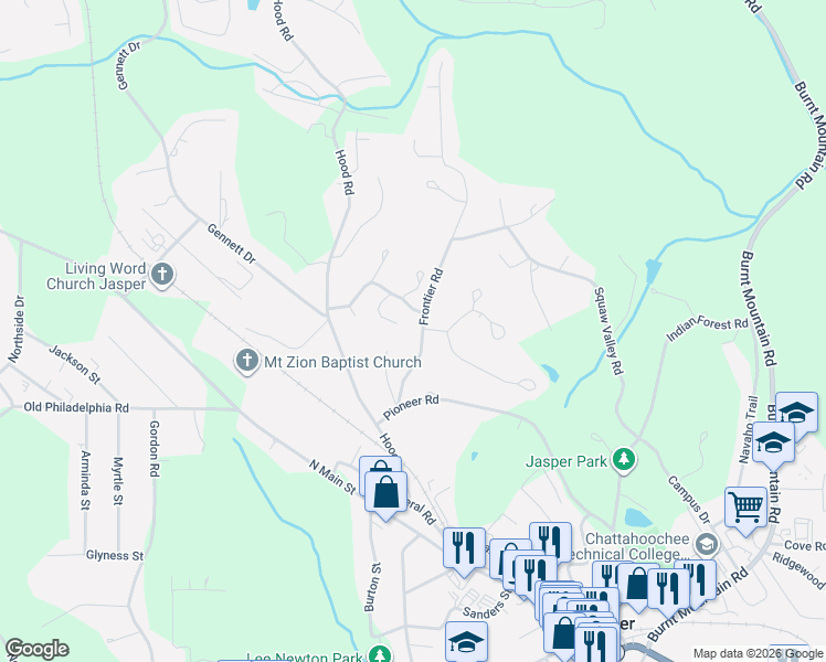 map of restaurants, bars, coffee shops, grocery stores, and more near 187 Frontier Road in Jasper