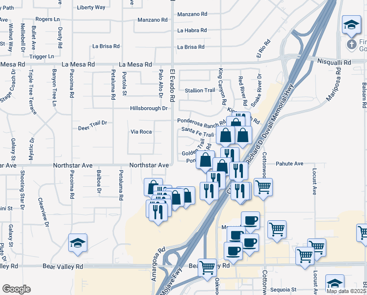 map of restaurants, bars, coffee shops, grocery stores, and more near 14529 Hackamore Road in Victorville