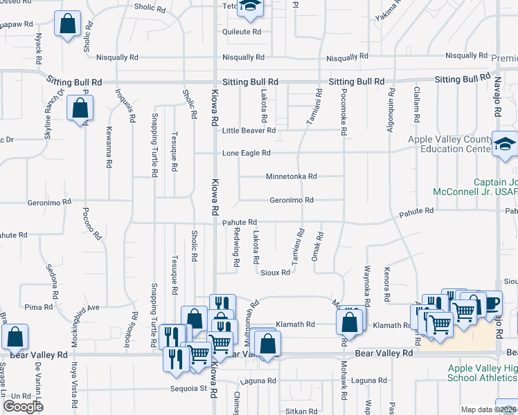 map of restaurants, bars, coffee shops, grocery stores, and more near 21005 Geronimo Road in Apple Valley