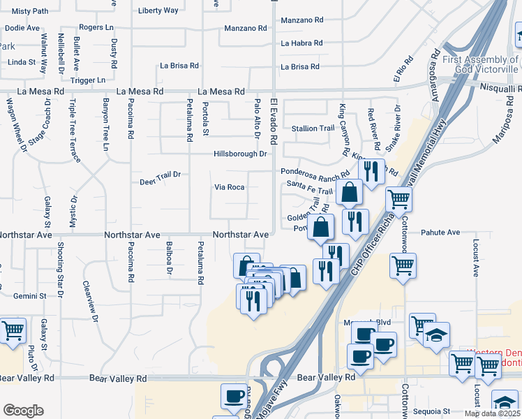map of restaurants, bars, coffee shops, grocery stores, and more near 14447 Via Puente in Victorville