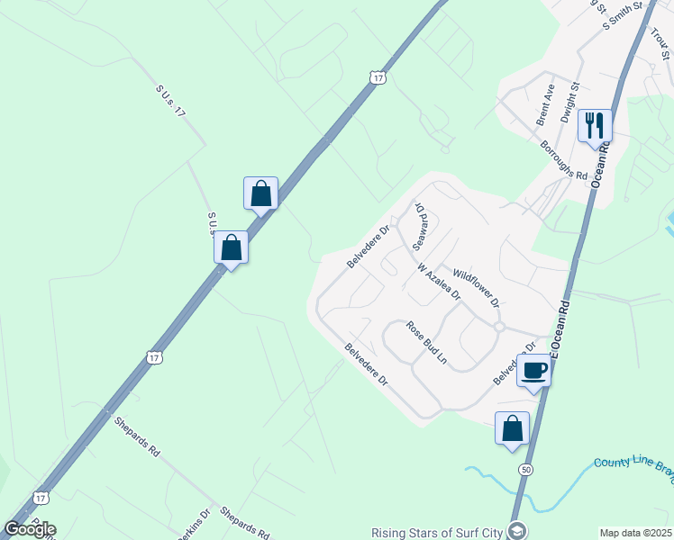 map of restaurants, bars, coffee shops, grocery stores, and more near 345 Belvedere Drive in Holly Ridge