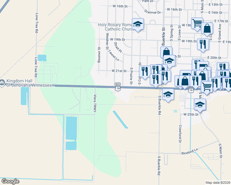 map of restaurants, bars, coffee shops, grocery stores, and more near 1107 West 22nd Street in Stuttgart