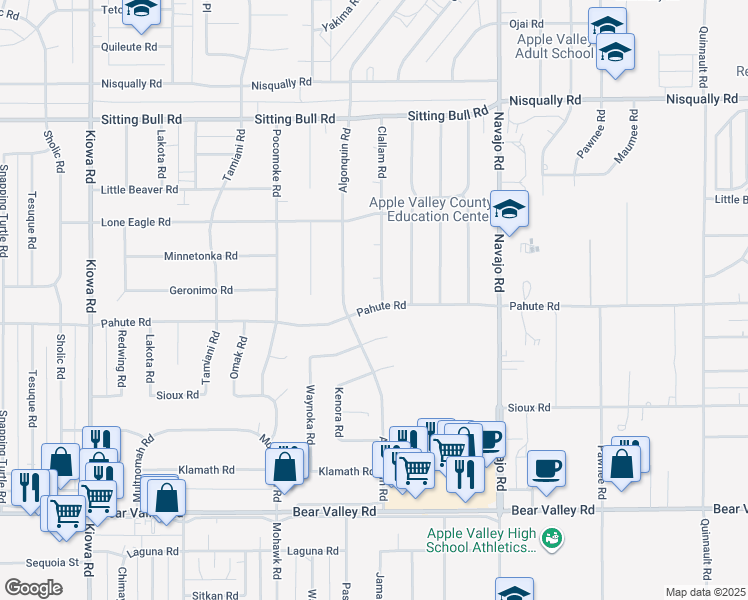 map of restaurants, bars, coffee shops, grocery stores, and more near 21460 Pahute Road in Apple Valley