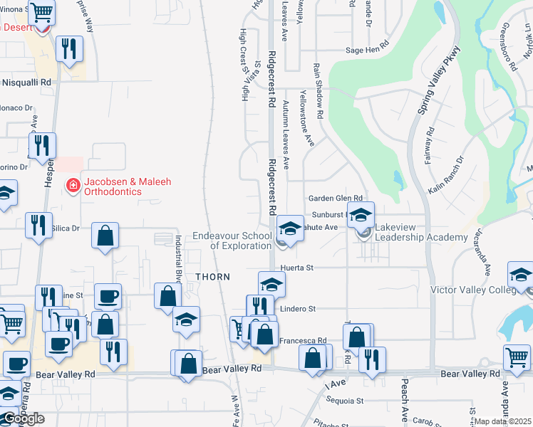 map of restaurants, bars, coffee shops, grocery stores, and more near 12547 Park Ridge Street in Victorville