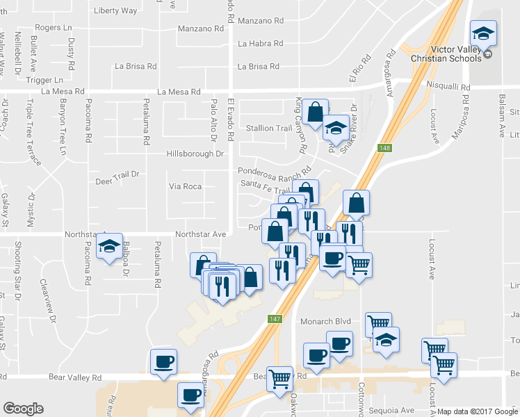map of restaurants, bars, coffee shops, grocery stores, and more near 14579 Hackamore Road in Victorville