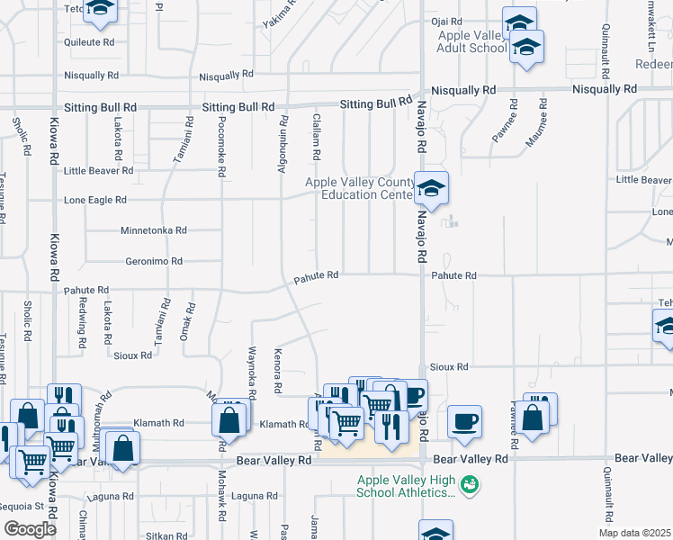map of restaurants, bars, coffee shops, grocery stores, and more near 21512 Pahute Road in Apple Valley