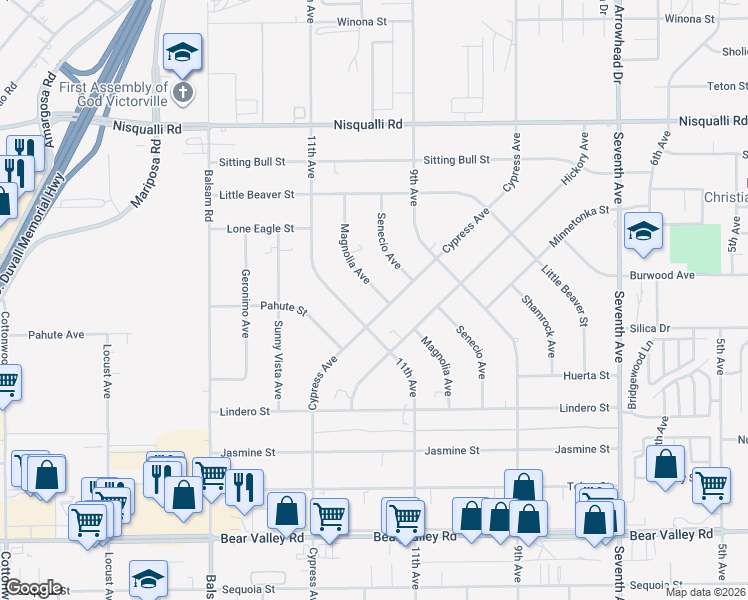 map of restaurants, bars, coffee shops, grocery stores, and more near 12514 Magnolia Avenue in Victorville