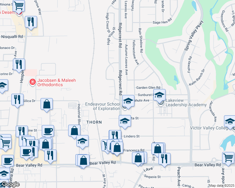map of restaurants, bars, coffee shops, grocery stores, and more near 12547 Park Ridge Street in Victorville