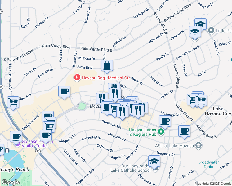 map of restaurants, bars, coffee shops, grocery stores, and more near 1957 Mesquite Avenue in Lake Havasu City