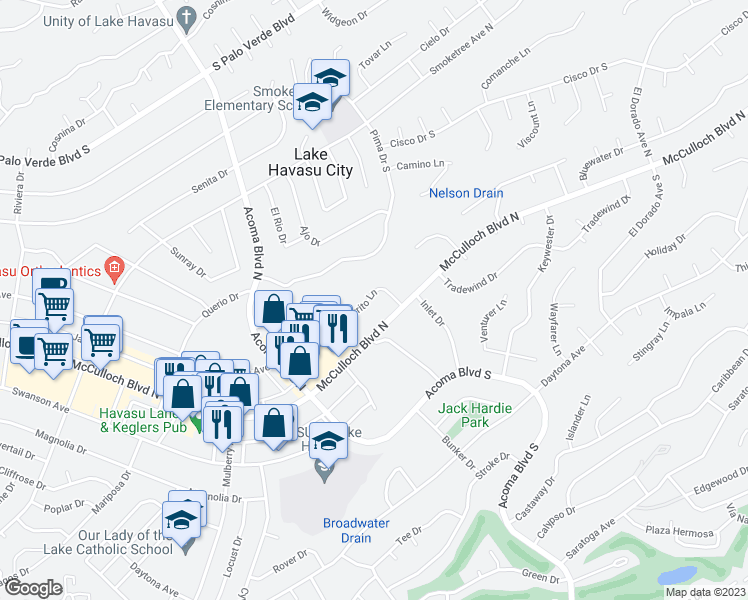 map of restaurants, bars, coffee shops, grocery stores, and more near 12 Torrito Lane in Lake Havasu City