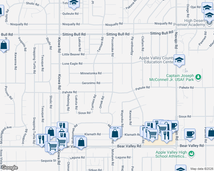 map of restaurants, bars, coffee shops, grocery stores, and more near 21211 Geronimo Road in Apple Valley