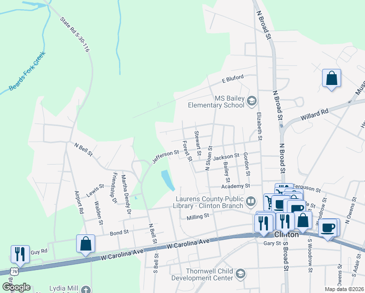 map of restaurants, bars, coffee shops, grocery stores, and more near 101 Forest Street in Clinton