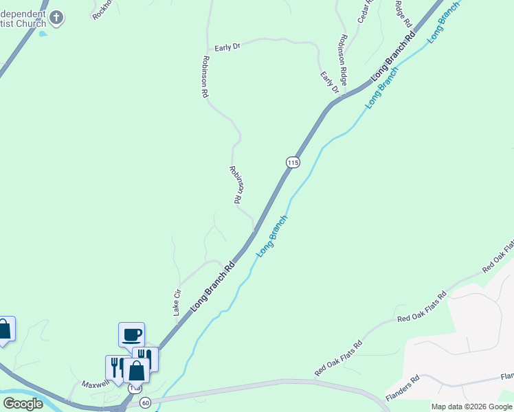 map of restaurants, bars, coffee shops, grocery stores, and more near 80 Robinson Road in Dahlonega