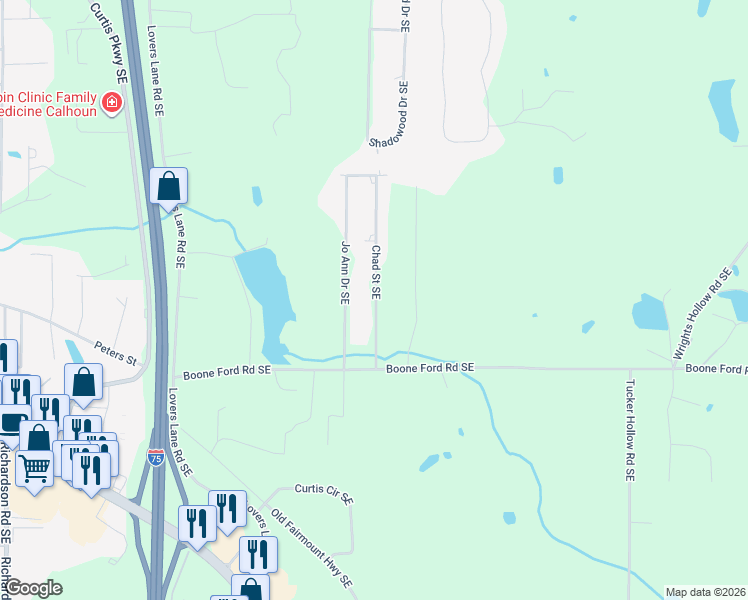 map of restaurants, bars, coffee shops, grocery stores, and more near 153 Jo Ann Drive Southeast in Calhoun
