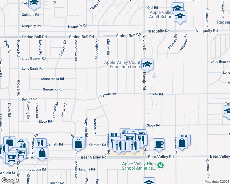 map of restaurants, bars, coffee shops, grocery stores, and more near 21512 Pahute Road in Apple Valley