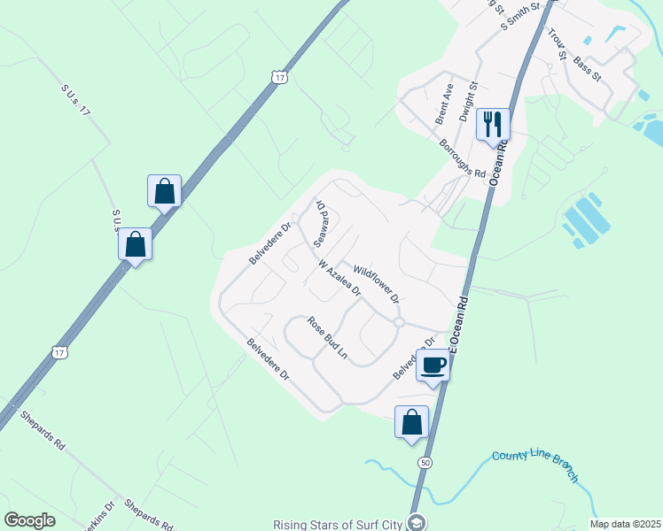 map of restaurants, bars, coffee shops, grocery stores, and more near 1201 Daisy Court in Holly Ridge
