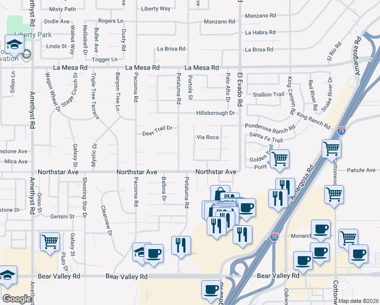 map of restaurants, bars, coffee shops, grocery stores, and more near 12574 Alta Mar Way in Victorville