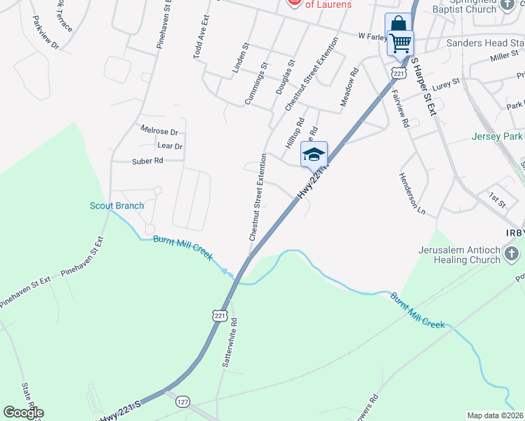 map of restaurants, bars, coffee shops, grocery stores, and more near 1407 Chestnut Street Extention in Laurens