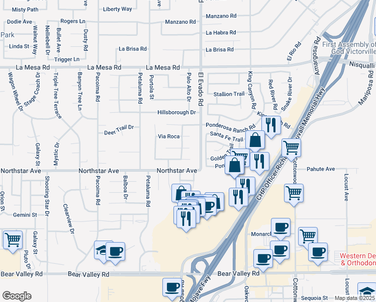 map of restaurants, bars, coffee shops, grocery stores, and more near 14447 Via Puente in Victorville