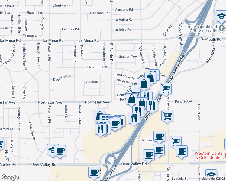 map of restaurants, bars, coffee shops, grocery stores, and more near 12572 Santa Fe Trail in Victorville