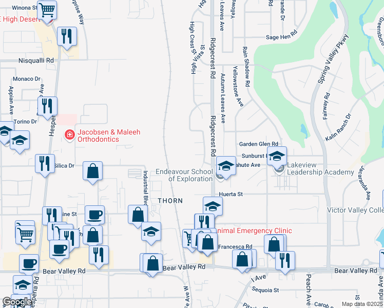 map of restaurants, bars, coffee shops, grocery stores, and more near 17624 Park Plaza Court in Victorville