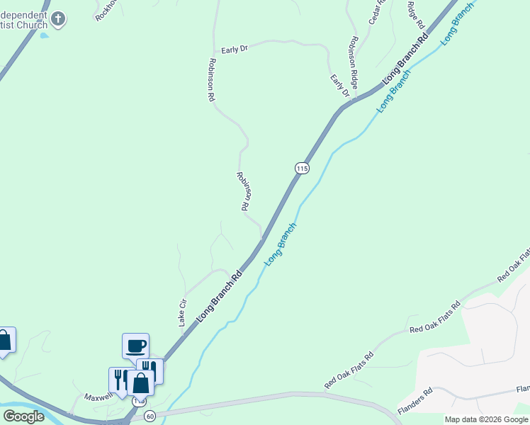 map of restaurants, bars, coffee shops, grocery stores, and more near 80 Robinson Rd in Dahlonega