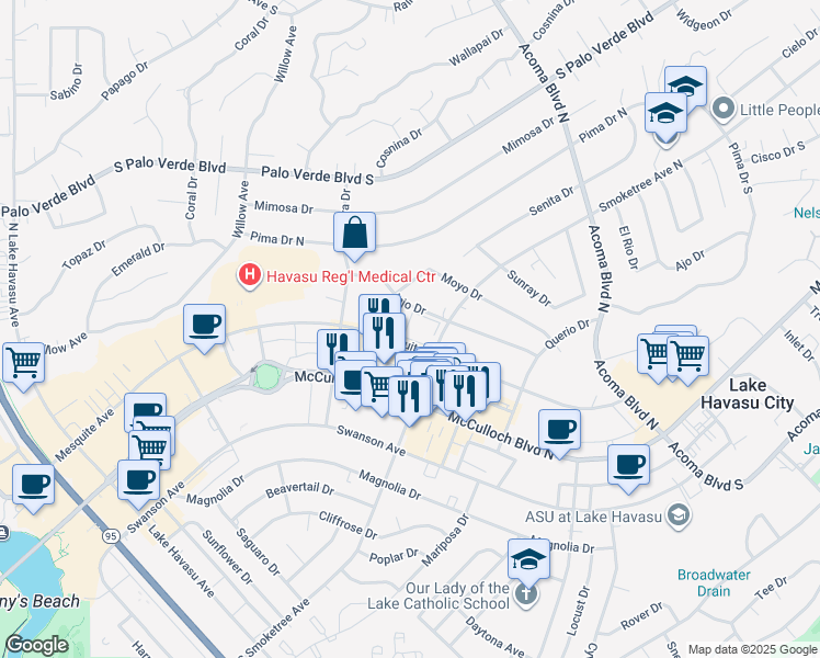 map of restaurants, bars, coffee shops, grocery stores, and more near 1957 Mesquite Avenue in Lake Havasu City