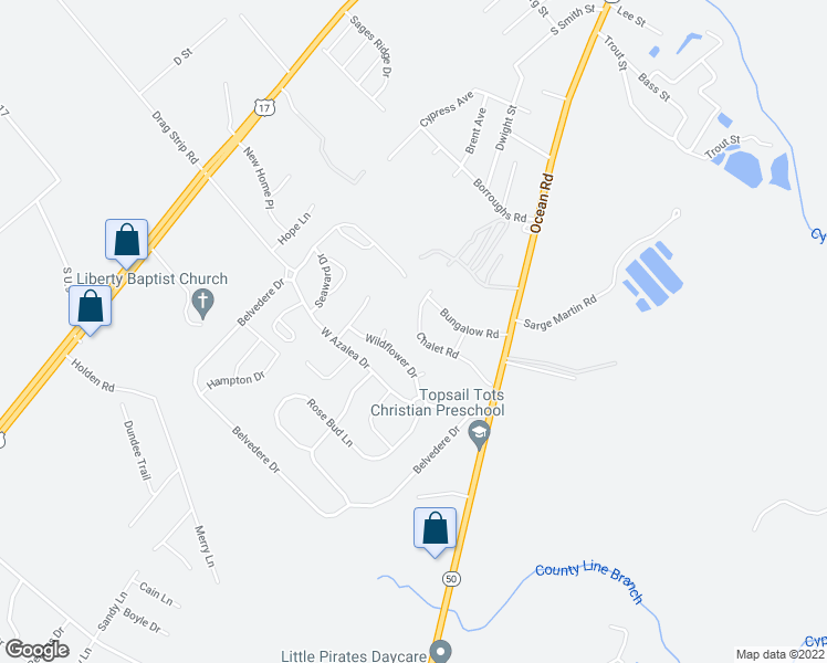 map of restaurants, bars, coffee shops, grocery stores, and more near 215 Chalet Road in Holly Ridge