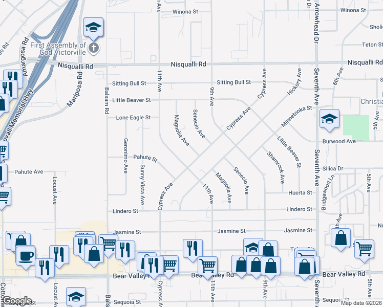 map of restaurants, bars, coffee shops, grocery stores, and more near 12514 Magnolia Avenue in Victorville