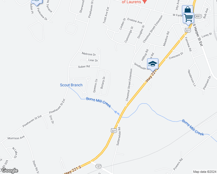 map of restaurants, bars, coffee shops, grocery stores, and more near 173 Queens Circle in Laurens