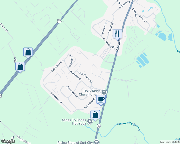 map of restaurants, bars, coffee shops, grocery stores, and more near 215 Chalet Road in Holly Ridge