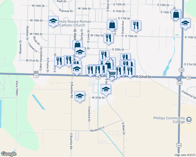 map of restaurants, bars, coffee shops, grocery stores, and more near 2202 South Main Street in Stuttgart