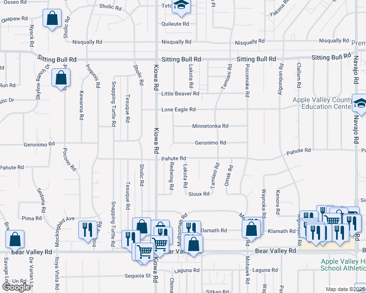 map of restaurants, bars, coffee shops, grocery stores, and more near 21005 Geronimo Road in Apple Valley