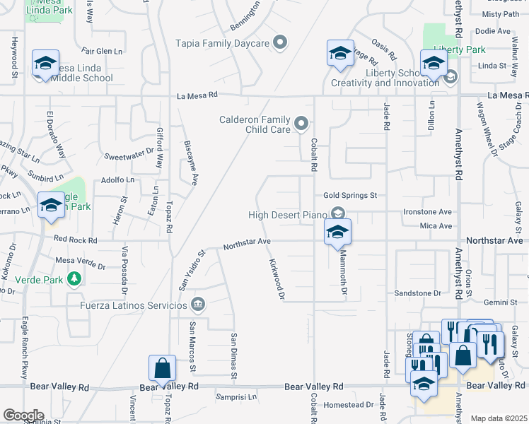 map of restaurants, bars, coffee shops, grocery stores, and more near 12570 High Desert Road in Victorville