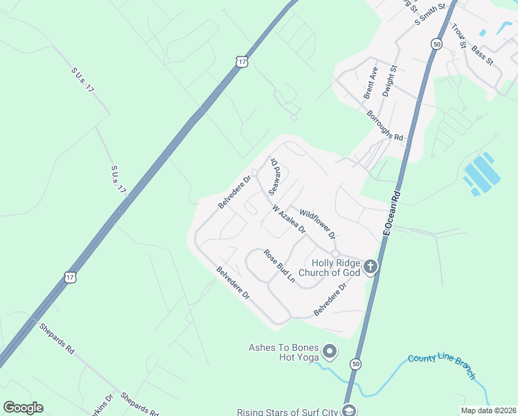 map of restaurants, bars, coffee shops, grocery stores, and more near 132 Porch Swing Way in Holly Ridge