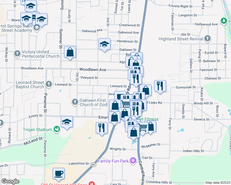 map of restaurants, bars, coffee shops, grocery stores, and more near 200 Jerome Street in Hot Springs