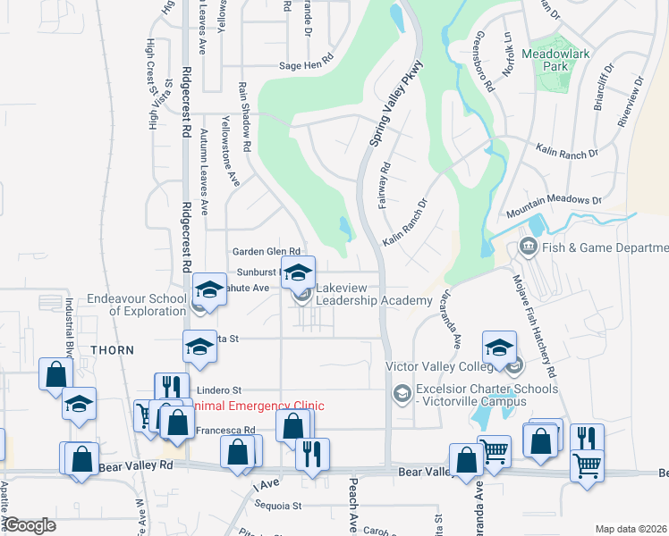 map of restaurants, bars, coffee shops, grocery stores, and more near 18014 Sunburst Road in Victorville