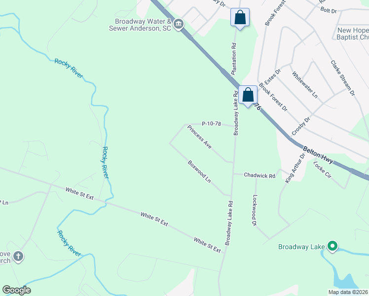 map of restaurants, bars, coffee shops, grocery stores, and more near 122 Boxwood Lane in Anderson