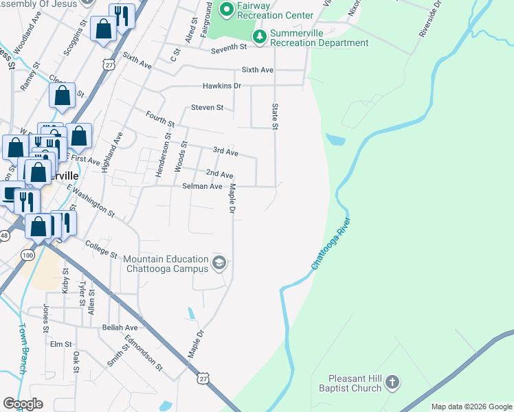 map of restaurants, bars, coffee shops, grocery stores, and more near 108 Cedar Avenue in Summerville