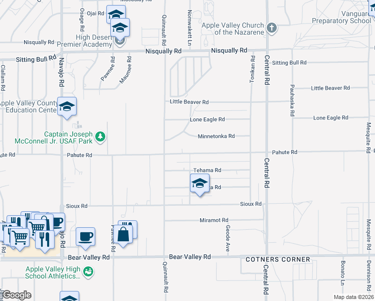 map of restaurants, bars, coffee shops, grocery stores, and more near 22186 Pahute Road in Apple Valley