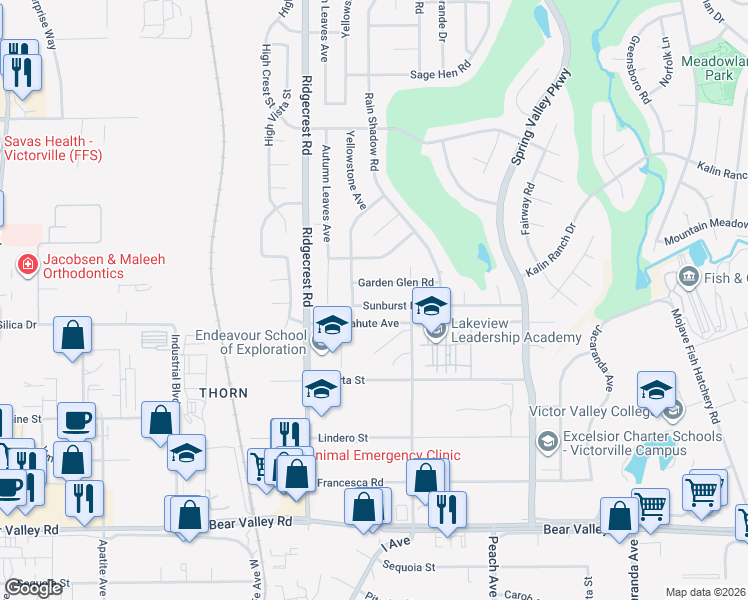 map of restaurants, bars, coffee shops, grocery stores, and more near 17832 Sunburst Road in Victorville