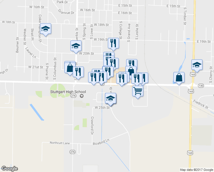 map of restaurants, bars, coffee shops, grocery stores, and more near 2202 South Main Street in Stuttgart